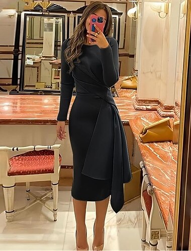  Strand Bryllup Skjerm Cocktailkjoler Elegant Kjole Formell Høst Knelengde Lange Ermer Smykkekrage Stretch Tøy med Folder Rynkede Kjoler