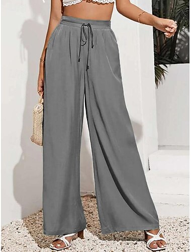  Damen Breites Bein Hosen Hose Casual Lang Glatt Kordelzug Seitentaschen Atmungsaktivität Komfortabel Mikro-elastisch Wochenende Schwarz Rot Beige Grau Frühling Sommer Regular Fit