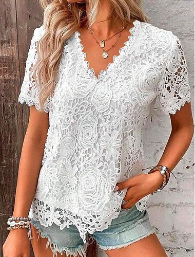  T Shirt Elegante Oberteile Damen Schwarz Weiß Rote Glatt Spitze Strasse Täglich Modisch V Ausschnitt Regular Fit S