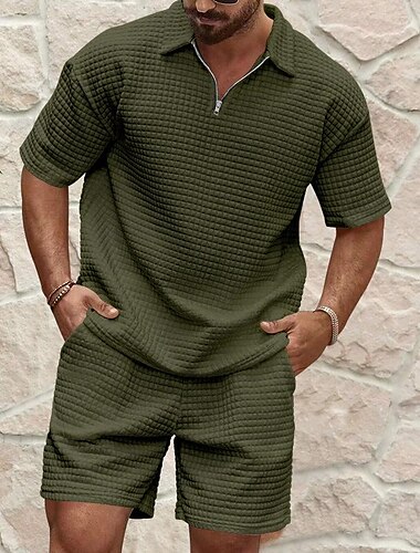  Herren Waffel-Poloshirt Poloshirt mit Viertelreißverschluss Täglich Festtage Viertel Postleitzahl Kurzarm Modisch Basic Glatt 2 teilig Frühling Sommer Regular Fit Schwarz Weiß Khaki Hellgrau Armeegrün