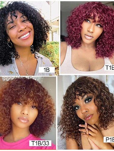  Remy Menschenhaar 13x4 Spitzenfront Perücke Freier Teil Mit Pony Malaysisches Haar Versaute Curly Schwarz Burgund Dunkelbraun Perücke 150% Haardichte mit Babyhaar Leimlos Vorgerupft Für Perücken für