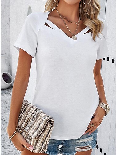  Per donna maglietta Top eleganti Liscio Informale Manica corta A V Top regolari Giornaliero Nero Bianco Rosa Verde Estate