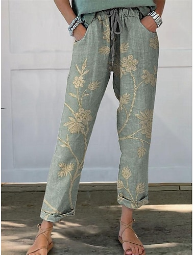  Damen Hosen Hose Gerade Streetwear Lässig Lang Hohe Taille Blumen Tasche Drucken Elastisches Kordelzugdesign Atmungsaktivität Weich Mikroelastisch Urlaub Straße Alltagskleidung Weiß Blau Grün Grau