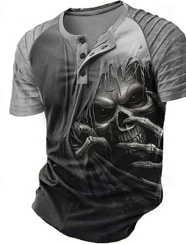  Voor heren Donkere T-shirt Korte mouw 3D-afdrukken Retro vintage Gotisch Feest Straat Zomer Lente Zwart Grijs Henley Kraag Henley-T-shirt