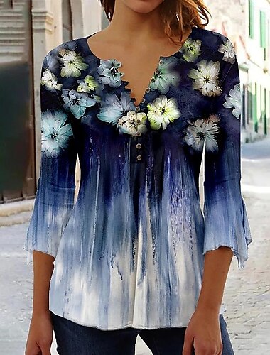  Damen Hemd Bluse Casual Blumenmuster Knöpfe Druck 3/4 Ärmel Normale Oberteile Rundhalsausschnitt Urlaub Alltag Blau Grün Hellblau Frühling&amp; Sommer