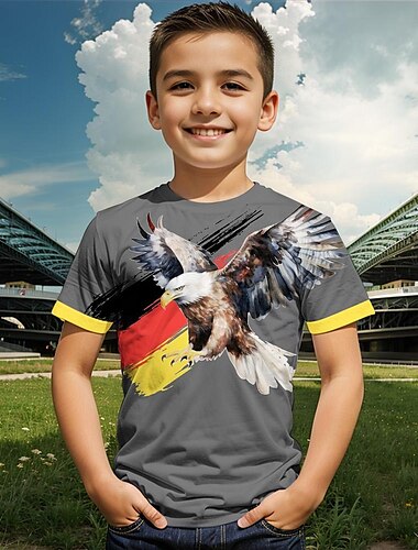  2024 Flag Football Carnival Jungen T-Shirt mit 3D-Grafik und Eule&amp;Rock schwarz Kurzarm 3D-Druck Sommer Vintage Mode Polyester Kinder 3-12 Jahre Rundhalsausschnitt Performance Party normale