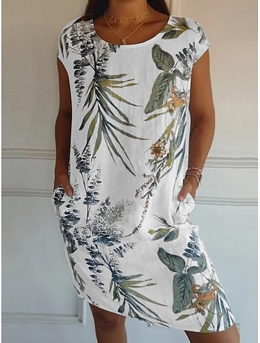  Femmes Mini Robe Robes inspirées du lin Robe en coton et lin Robe d'été Occasionnel Vacances Quotidien Plage Coupe régulière Fleuri Manche Courte Col ras du cou Blanche Bleu Chameau Gris Été