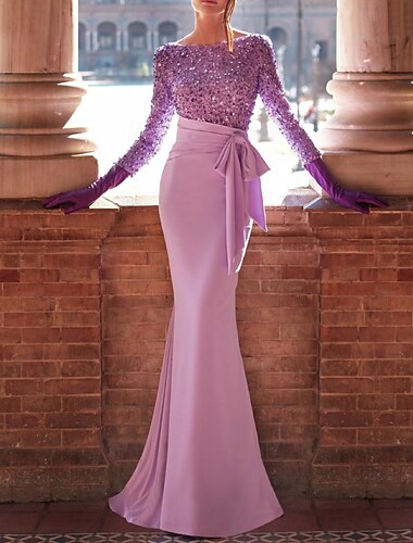  Robe Soirée Sirène Paillettes Élégante Robe Formelle Réception de Mariage Longueur Maxi Manches Longues Col Bijou avec Nœud(s) Perles Mascarade Robe 2025