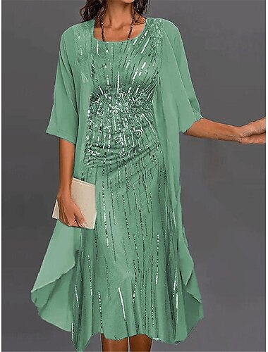  Damen Kleid-Set Chiffon-Kleid Ausgefallene Geometrisch Bedruckt kleid lang Halbe Ärmel Rundhalsausschnitt Party kleid hochzeitsgast Rosa Blau Grün Sommer Herbst Regular Fit