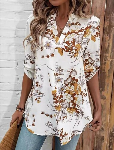  Per donna Blusa Top eleganti Floreale Moda Mezza manica A V Giornaliero Stampa Bianco Estate