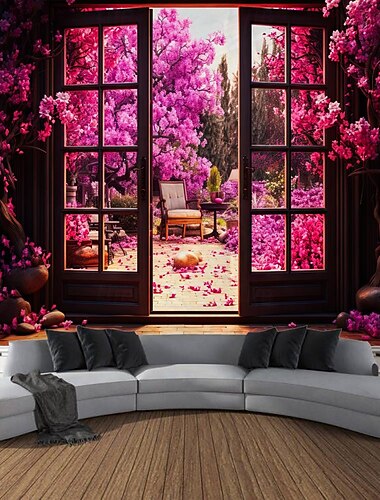  Blumenblüte Fensteransicht hängen Wandteppich Wandkunst große Wandteppich Wandbild Dekor Fotografie Hintergrund Decke Vorhang Haus Schlafzimmer Wohnzimmer Dekoration Wandtuch XXL Natur