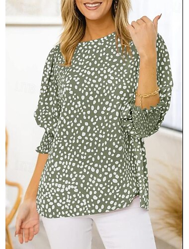  Damenbluse, elegante Oberteile, lässig, Punktemuster, Laternenärmel, 3/4-Ärmel, Rundhalsausschnitt, alltagstauglich, schwarz, rosa, grün, Sommer, Frühling, Herbst