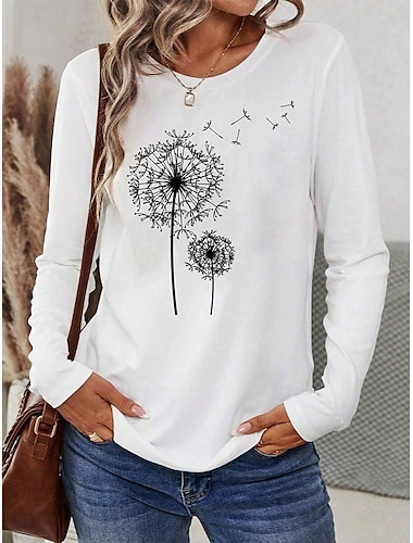  Damen T Shirt Löwenzahn Basic Lässig Langarm Rundhalsausschnitt Normale Oberteile Täglich Druck Weiß Frühling & Herbst