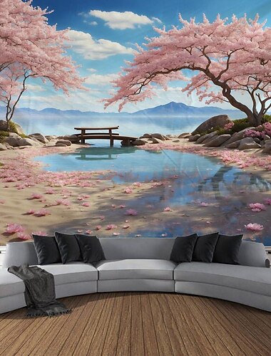  Kirschblüten Landschaft Wandteppich Wanddekoration großer Wandteppich Wanddeko Fotografie Kulisse Decke Vorhang Home Schlafzimmer Wohnzimmer Dekoration Wandtuch XXL Natur