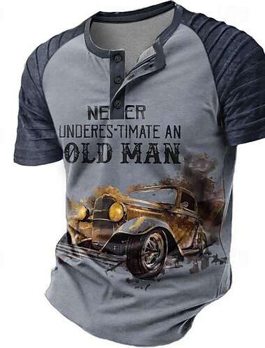  Auto Old Man Retro Vintage Herren 3D-Druck T Shirt Party Strasse T-Shirt Marineblau Blau Braun Kurzarm Henley-Kragen Hemd Sommer Frühling Bekleidung S M L XL XXL XXXL