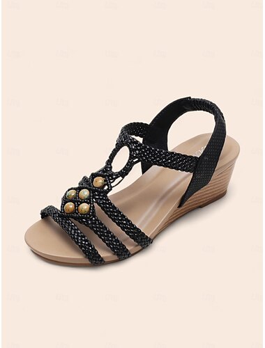  Damen-Keilsandalen im Boho-Stil mit geflochtenen Keilabsätzen und Perlenverzierungen – stilvolle und bequeme offene Schuhe für Sommer, Strand und Freizeit