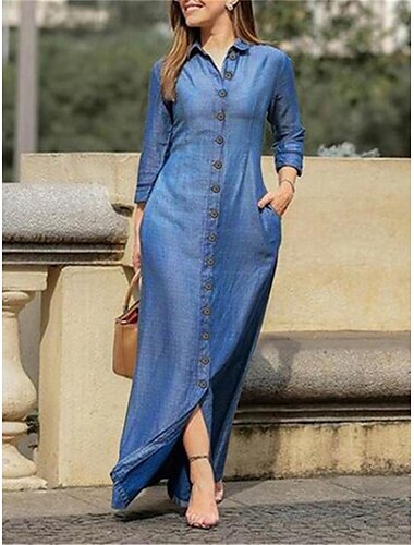  Damen Jeanskleider blusenkleid Maxikleid B¨¹ro Denim Basic Ausgefallene Hemdkragen Taste Tasche Langarm Sommer Frühling Regular Fit Glatt