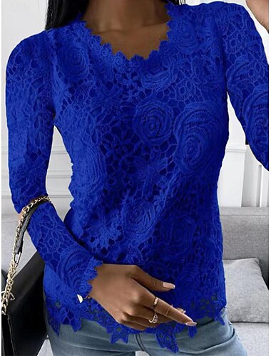  Shirt Blouse Dressy Tops Women's White Pink Wine Plain Lace Street Daily Fashion Round Neck Regular Fit S