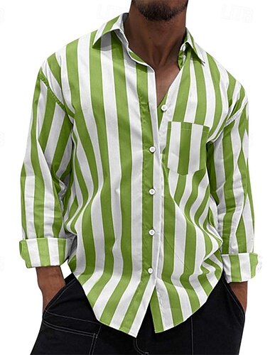  Herre Skjorte Sommer skjorte Casual skjorte Strandtrøje Button Up skjorte Stribede skjorter Sort Gul Lysegrøn Lyserød Kongeblå Langærmet Stribe Knaphul Ferierejse Hawaiiansk Knap ned Tøj Polyester
