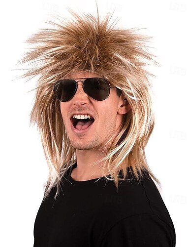  Peluca de rockstar de los 80 para hombre, accesorio de disfraz de los 80 para adultos, pelucas largas y puntiagudas para hombres y mujeres, peluca de cosplay de rockero de carnaval
