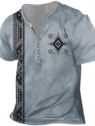 Per uomo Azteca maglietta Manica corta Stampa 3D Vintage Giornaliero Estate Primavera Autunno Bianco Blu Marrone Collare Henley Maglietta Henley