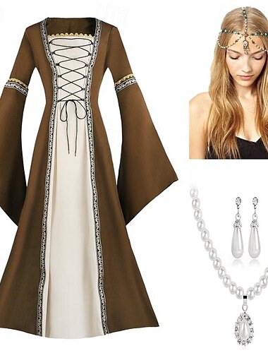  Inspirat de epocă Costum de petrecere Mascaradă Culoare solidă Pătrat Pentru femei Celtic Fantezie Halloween Carnaval Casul / Zilnic Petrecere / Cocktail Adulți Rochie Cercei Coliere Toate Sezoanele