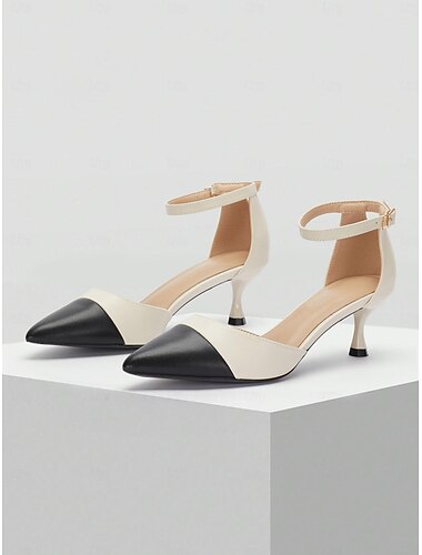  Sapatos femininos elegantes de dois tons com bico fino e salto gatinho com tira no tornozelo - perfeitos para escritório e ocasiões formais
