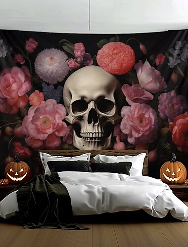  Pink Halloween Decorations Skll Hanging Tapestry Wall Art Large Tapestry Mural Decor Photograph Backdrop Blanket Curtain Home Bedroom Living Room Decoration Crow