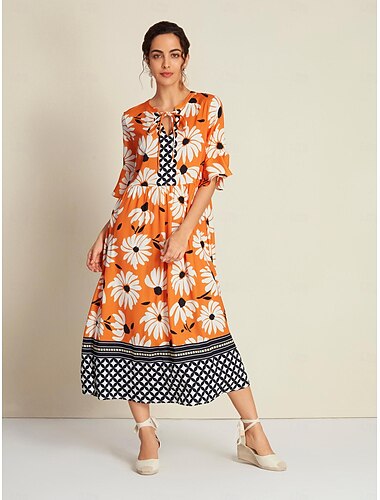  בגדי ריקוד נשים משוחרר שמלה משוחררת שמלה הדפסה שמלת מקסי כתום שרוול 4\3 גיאומטרי פרחוני מדפיס אביב קיץ צווארון V צווארון עומד(סיני) בוהמיה חופשה חג S M L