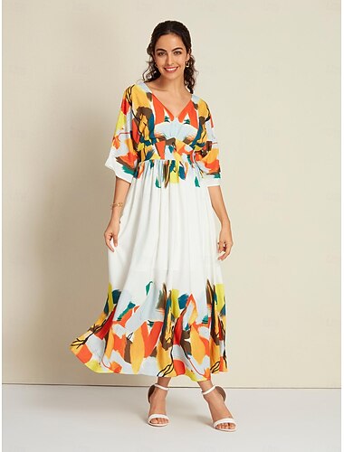  בגדי ריקוד נשים המקסי שמלת מקסי לבן חצי שרוול הדפסים גרפיים קשירה מאחור קיץ קיץ & אביב צווארון V חופשה יום יומי קז'ואל S M L