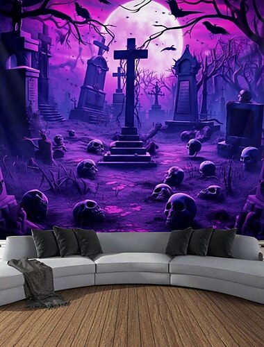  Tapisserie Halloween Crânes Blacklight Tapisserie réactive UV Brille dans le noir Cimetière brumeux Tapisserie suspendue Art mural pour salon Chambre