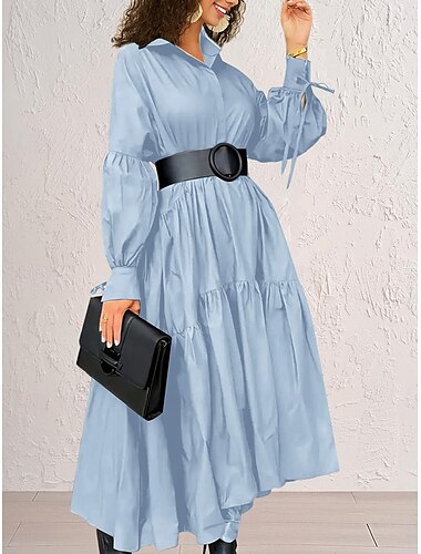  Damen schwarzes kleid Maxidress Rüsche Party Arbeit Basic Ausgefallene Hemdkragen Langarm Schwarz Weiß Blau Farbe