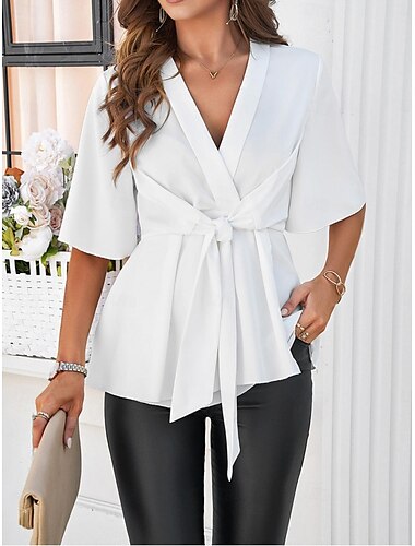  Femme Chemise Hauts habillés Couleur unie Plein Elégant mode Demi Manches Col V Travail du quotidien nouer devant Ruché Noir Blanche Bleu Roi Rose Eté Printemps Automne