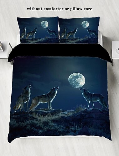  Bettbezug-Set „Mondnachtwolf“ – beinhaltet Bettbezug und Kissenbezüge – mystisches Wolf- und Monddesign – weicher und bequemer Stoff