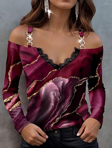  Damen Bluse Mode Abstrakter Druck Kalte Schulter Langarm Reguläre Oberteile V-Ausschnitt Lässig Rot Blau Grün Frühling  Herbst
