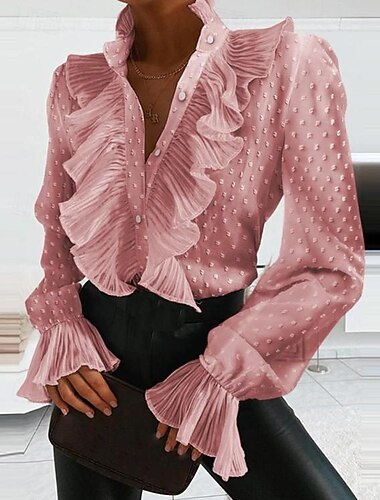  Koszula Bluzka Damskie Biały Rumiany róż Niebieski Równina Falbana Guzik Ulica Codzienny Moda Stójka Regularny S