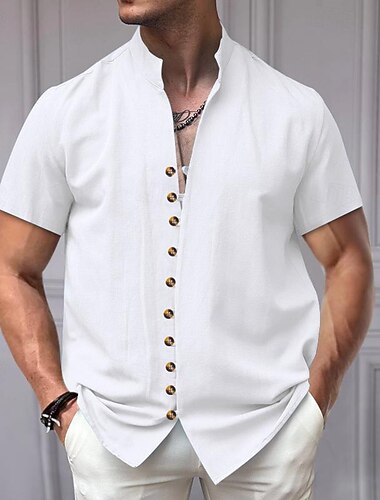  Homme Chemise Chemise en lin Chemise à col chinois Chemise à col mao Chemise Décontractée Chemise Boutonnée Uni Vacances Rue Noir Blanche Rose Claire Kaki Manche Courte Col grand-père Été Vêtement