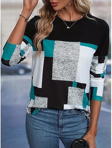  Dames Tuniek Kleurenblok Gestreept Stijlvol Lange mouw Strakke ronde hals Normale tops Dagelijks Afdrukken Zwart+Wit+Grijs Rood Oranje Lente Herfst