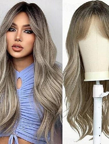  Peruca Longa Cacheada Loira para Mulheres Cabelo Sintético com Franjas Peruca Ondulada com Raízes Escuras Cosplay Diário Alta Densidade Resistente ao Calor Perucas de Halloween