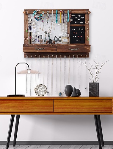  Настенная витрина для ювелирных изделий с выдвижным ящиком из цельного дерева для хранения ожерелья, сережек, браслета, хранения ювелирных изделий