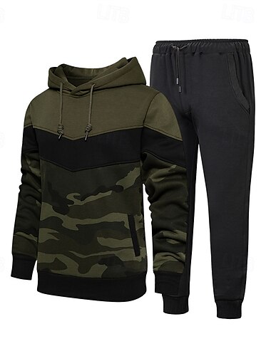  Voor heren Trui met capuchon Trainingspak sweatsuit Leger Groen Koffie Capuchon Kleurenblok Camouflage Kleur Lapwerk 2-stuks Sport & Outdoor Dagelijks Feestdagen Streetwear Basic Casual Lente & Herfst