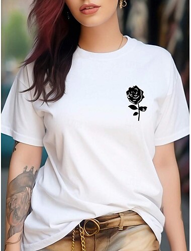  Damen T-Shirt 100% Baumwolle Casual Kurzarm Weiß Sommer