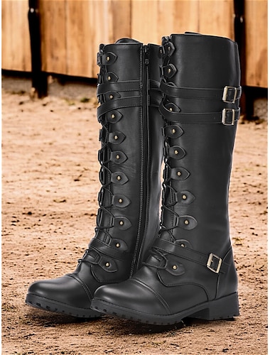  Botas de combate góticas vintage para mujer, botas hasta la rodilla con correa de hebilla negra para cosplay y uso diario