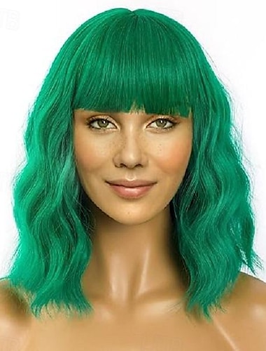  Perücke Kurze Bob Perücken mit Pony für Frauen Lockige Welliges Haar Schulterlange Perücke Synthetische Bunte Perücken Halloween Cosplay Party Perücken