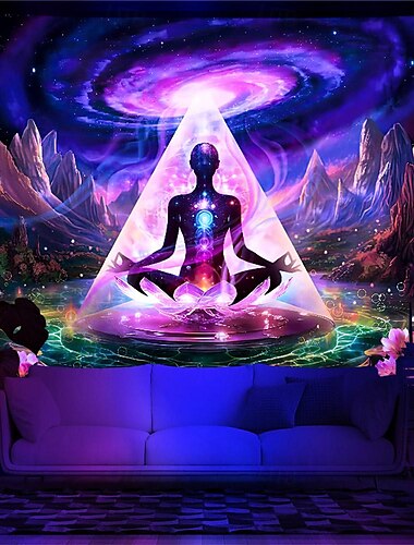 Tapisserie à lumière noire réactive aux UV qui brille dans le noir, décoration murale suspendue pour salon, chambre à coucher, chakra, bohème, brumeux, lotus