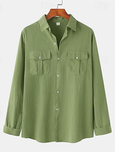  Herren Hemd leinenhemd Lässiges Hemd Knopfhemd Baumwoll-Shirt Glatt Hawaiianisch Festtage Schwarz Grün Grau Langarm Umlegekragen Frühling & Herbst Bekleidung Vordertasche
