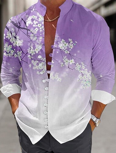  Herren Blumen Hemd Knopfhemd Langarm Brautkleider schlicht Strand Design Täglich Sommer Frühling Herbst Mandarinkragen Stehkragen Knopf hoch 3D-Druck Rosa Blau Purpur Grün