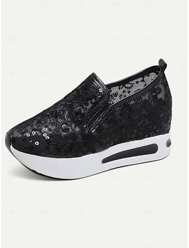  baskets à plateforme en dentelle blanche pour femmes – chaussures compensées confortables à enfiler avec motif floral à paillettes pour un usage décontracté et quotidien