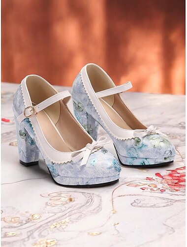  Mujer Tacones Retro Mary Jane Lolita Fiesta Trabajo Diario Floral Bloque de color Pajarita Plataforma Tacón Cono Dedo redondo Elegante Vintage Estilo lindo PU Hebilla Azul Claro