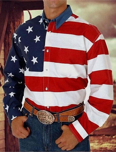  Hombre Bandera estadounidense camisa occidental Abotonar la camisa Camisa vaquera Manga Larga estilo occidental Diario Cuello Vuelto Camisas con cuello Impresión 3D Bolsillo delantero Negro Blanco